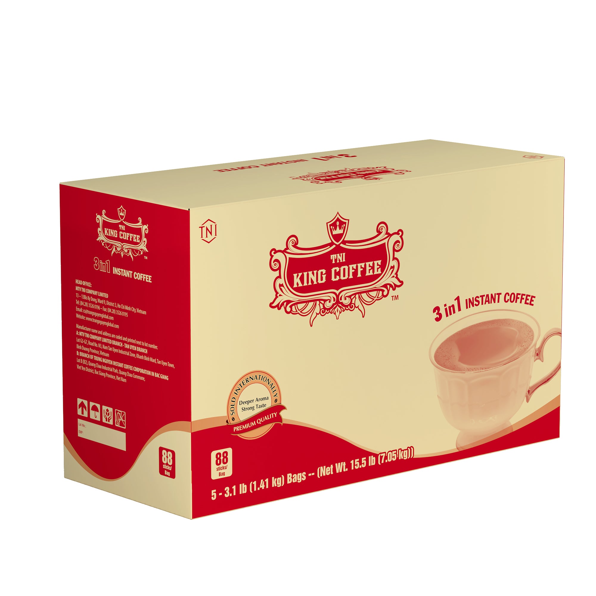 KING COFFEE 3in1 Instant Coffee 88 sticks x 0.56oz (16g) - 5 Bags 