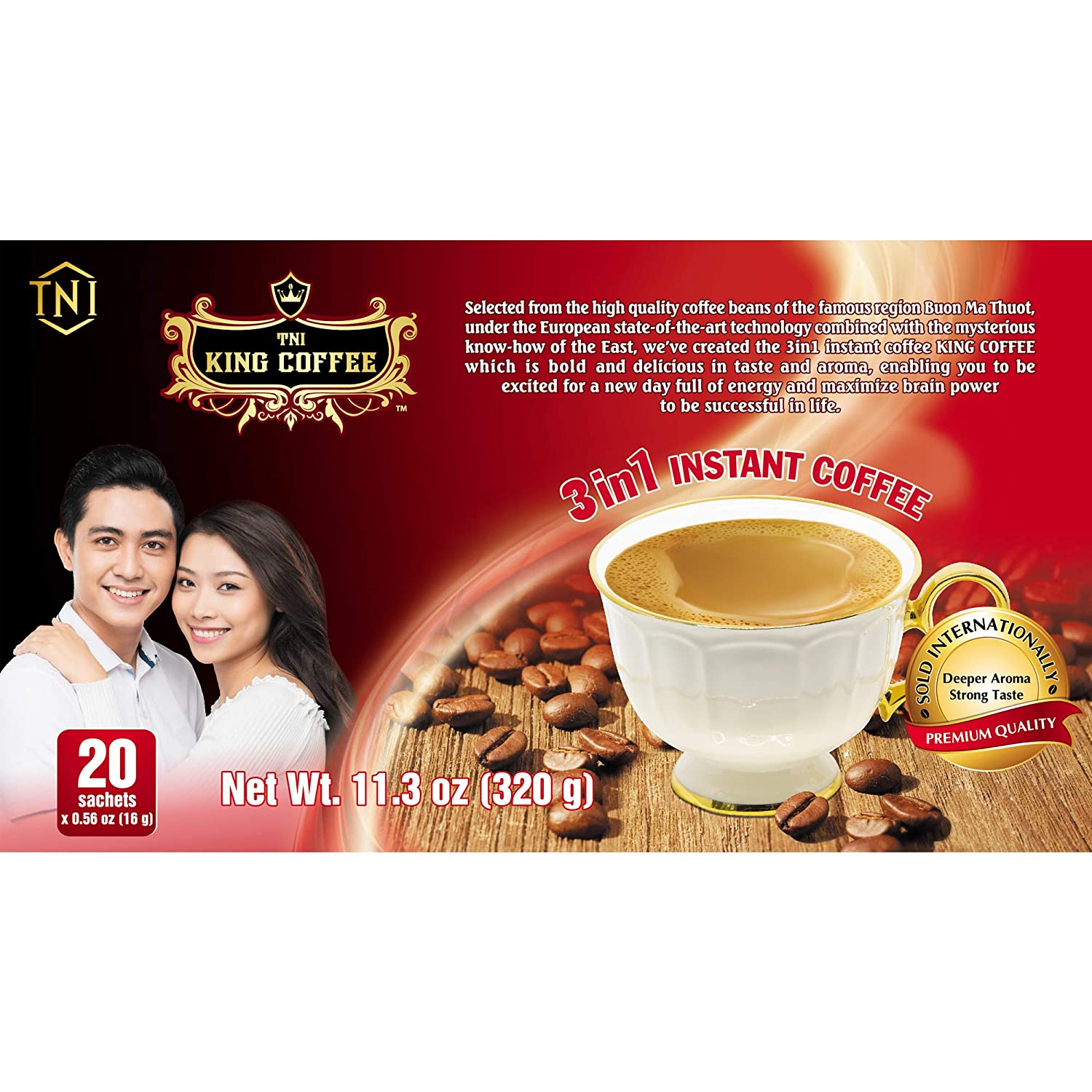 King Coffee 3in1 Instant Vietnamese Coffee Packets, Box 6 sticks x 16g Cafe  Mix, Long-lasting Aroma Balance Taste, Perfect for Powerful Day, Pack of 1