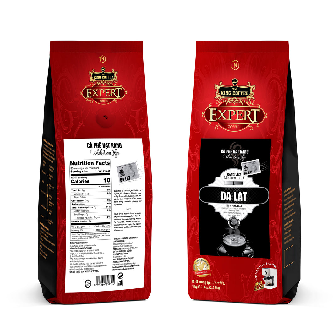 King Coffee Whole Bean - DA LAT Available in 12oz & 2.2LBS - Vietnamese Coffee 100% Arabica beans with Medium-roasted Rich aroma, Mild acidity