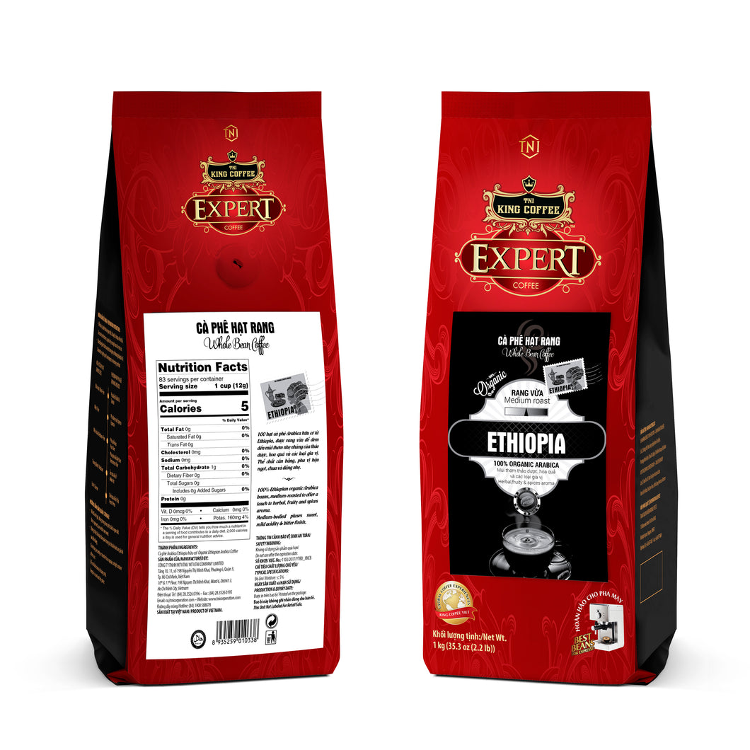 King Coffee Whole Bean - ETHIOPIA Medium Roast 100% Organic Arabica Herbal, Fruity Aroma Medium-bodied Sweet Mild Acidity & Bitterness after taste - Available in 12oz & 2.2LBS