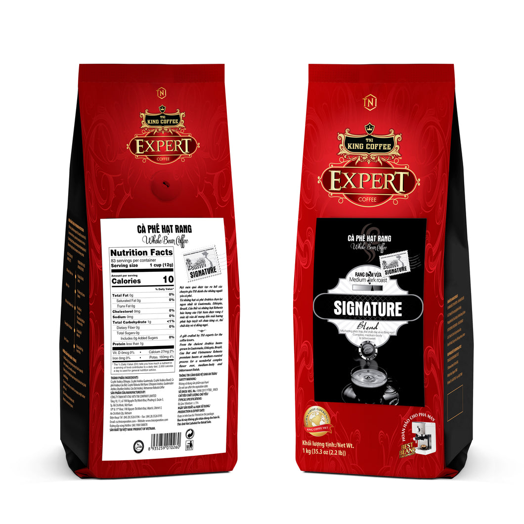 King Coffee Whole Beans - SIGNATURE BLEND Medium Dark Roast Complex, medium-body & bittersweet Arabica & Robusta Beans from Guatemela, Ethiopia, Brazil & Cau Dat Available in 12oz & 2.2LBS