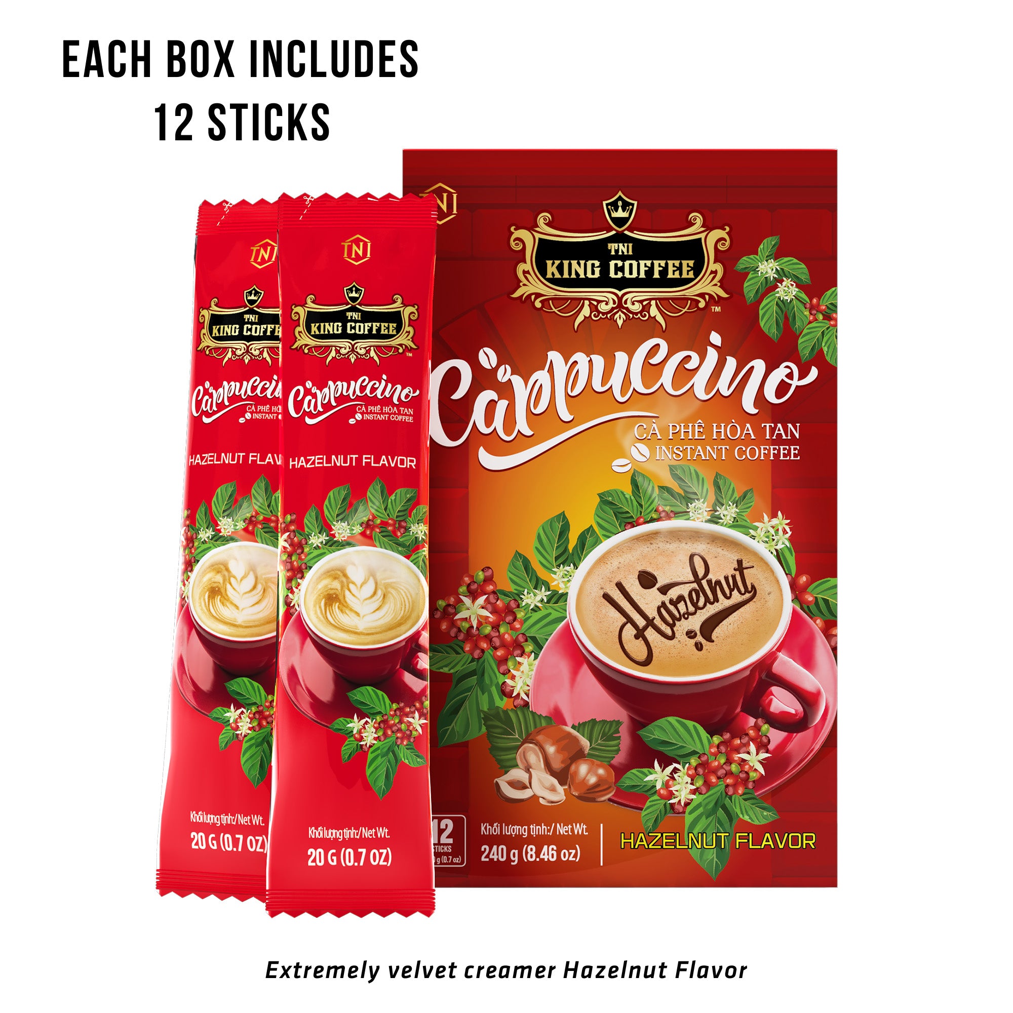 King Coffee - Cappuccino Hazelnut Flavor - Box 12 sticks - Free