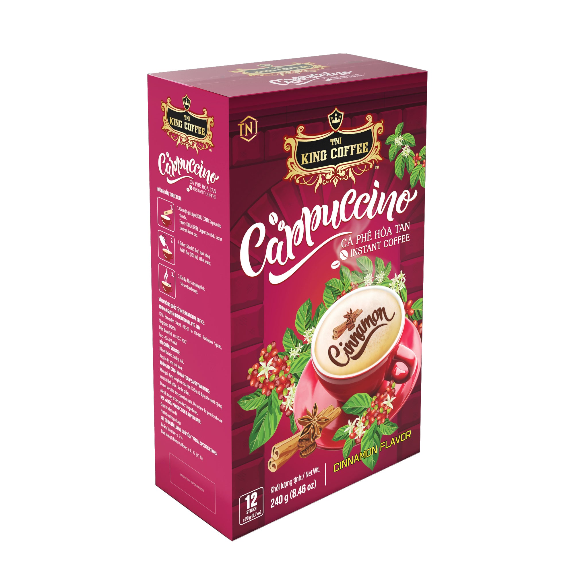 TNI King Coffee - Cappuccino Cinnamon Flavor - Box 12 sticks